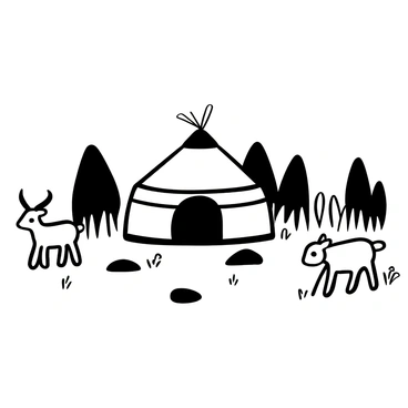A yurt with a conical roof situated in an open field, surrounded by tall grass. Several curious deer are wandering nearby, their bodies depicted in detailed outlines. Trees are visible in the background, adding depth to the scene. The atmosphere is calm, with a few scattered rocks on the ground and patches of wildflowers around the yurt.