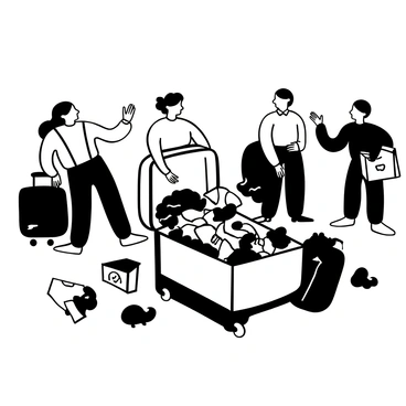 A large, open suitcase overflowing with a variety of clothes, including shirts, pants, and dresses, spilling out onto the floor. There are additional items like a pair of shoes and a travel guide peeking out from the edges. In the background, other travelers look on with expressions of surprise and curiosity, suggesting they believe the traveler is relocating for good. Some of the onlookers are carrying their own luggage, while others are pointing towards the chaotic suitcase. The scene conveys a sense of movement and transition.
