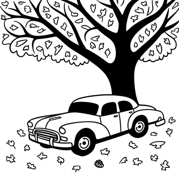 A vintage car parked under a large tree with a wide trunk and sprawling branches. The ground is covered with a thick blanket of fallen leaves, varying in size and shape. The car has a classic design, with rounded edges and shiny chrome details. Sunlight filters through the branches, casting intricate shadows on the leaves and car surface. The scene is peaceful, with a few small acorns scattered near the tires.