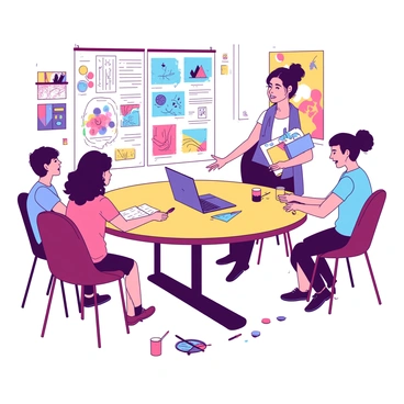 A group of four students is seated around a large round table in an art club meeting. One student is holding a sketchbook with colorful illustrations, while another is gesturing towards a large poster of various illustration techniques pinned on the wall. The third student has a laptop open in front of them, displaying digital artwork. The fourth student is taking notes on a notepad, looking engaged. The room is filled with art supplies, including tubes of paint, brushes, and markers scattered across the table. The walls are adorned with various art pieces created by the club members.