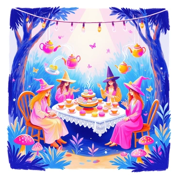 A tea party is set up in a mystical forest clearing. There are several floating teapots, each elegantly spouting steaming tea into delicate porcelain cups. Enchanted pastries, including colorful macarons and intricately decorated cupcakes, are arranged on a beautifully ornate cake stand. Witches in flowing robes, adorned with shimmering accessories, are seated around a wooden table. The table is covered with a lace tablecloth and surrounded by colorful toadstools. Twinkling fairy lights are draped above, casting a soft glow over the gathering. Butterflies and small magical creatures flutter around, adding to the enchanting atmosphere.