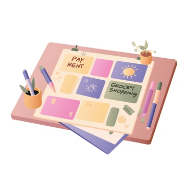 A digital flat illustration of a colorful sticky note pad placed on a wooden desk. The sticky notes feature various hand-drawn art elements, including reminders like "Pay rent" and "Grocery shopping" written in playful fonts. Each sticky note is a different bright color, such as yellow, pink, blue, and green, with doodles of dollar signs and light bulbs around the text. The desk has scattered pens in vibrant colors and a small potted plant in the corner. A soft shadow from the sticky note pad falls onto the desk surface, adding depth.
