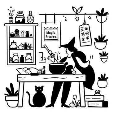 A friendly witch from a Ghibli story brewing a potion in her whimsical, cluttered workshop.