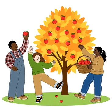 A group of three farmers, one man and two women, are picking apples from a tall apple tree in an orchard filled with vibrant orange and yellow autumn leaves. The man has dark skin and is wearing a plaid shirt and denim overalls, reaching high to pluck a shiny red apple from the tree. One woman has light skin and curly brown hair tied back, dressed in a green sweater and khaki pants. She is standing on her toes, carefully selecting a cluster of apples. The other woman has medium skin and long black hair, wearing a cozy brown cardigan and jeans, holding a wicker basket filled with freshly picked apples. The grassy ground is dotted with fallen apples and patches of colorful leaves. The sun is shining brightly, casting cheerful shadows around them.