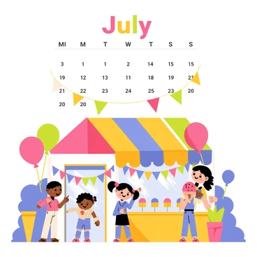 A July calendar page featuring the number "July" in bold, colorful letters at the top. Below the date boxes, children are gathered around a vibrant ice cream parlor. One child with curly hair is holding a large chocolate ice cream cone, while another child with pigtails is enjoying a bright pink strawberry cone. The parlor is decorated with cheerful banners and has a rainbow-colored awning. There are various ice cream flavors displayed in a glass case, and additional children are playfully pointing at the different choices. The background is filled with colorful balloons and a sunny blue sky.