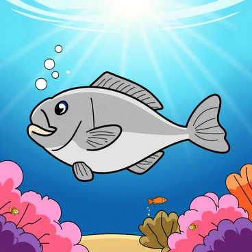 A cartoon-like barramundi fish with shiny silver scales and a slightly exaggerated round body is swimming underwater. The fish has large, friendly eyes and a wide, cheerful smile. It is blowing a series of playful bubbles from its mouth, creating a trail of small, round bubbles that rise toward the surface. Surrounding the barramundi are colorful coral formations in shades of pink and purple, with small fish darting playfully among the corals. Sunlight filters through the water above, casting a warm glow on the scene. The background features a gradient of deep blue ocean water.