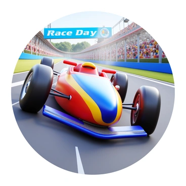 A race car with a sleek design and vibrant colors is speeding around a curved track. The tires are gripping the asphalt, leaving streaks of rubber behind. The car's body reflects sunlight, showcasing its aerodynamic shape. In the background, the track is lined with safety barriers and cheering spectators. The scene captures the dynamic motion of the race, with dust and debris kicked up behind the tires. "Race Day" is visible on a banner along the track.
