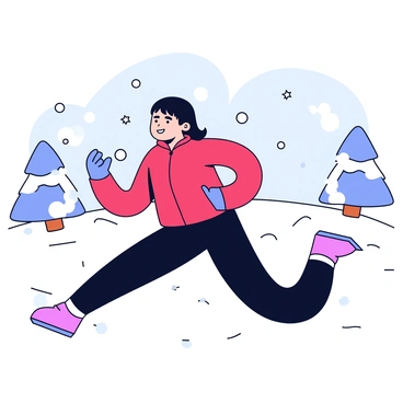 A person wearing a bright red jacket and black leggings is performing lunges in a snowy landscape. The snow is freshly fallen and blankets the ground. The person has a determined expression on their face, with snowflakes gently falling around them. In the background, there are snow-covered trees and a pale blue sky. The scene captures the contrast between the vibrant clothing and the white snow.