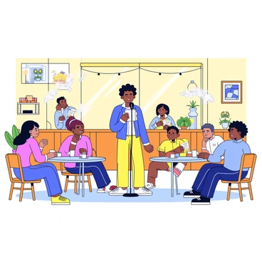 A cozy cafe interior with warm lighting and wooden furnishings. In the center of the scene, a budding poet stands at a small microphone stand, holding a poem in one hand. The poet has a thoughtful expression and is dressed in a casual, comfortable outfit. Surrounding the poet is a small audience seated at tables, some sipping coffee and others listening intently. A few decorations, like potted plants and art on the walls, add to the ambiance of the cafe.