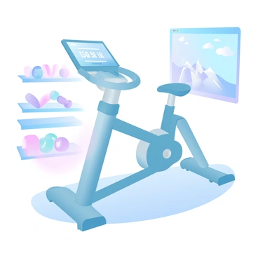 A futuristic stationary bike is prominently displayed, featuring a sleek, aerodynamic design with a streamlined frame. The bike is equipped with a large touchscreen interface on the handlebars, showcasing various workout metrics. Virtual reality goggles rest on the handlebars, hinting at immersive workout experiences. The seat is ergonomically designed for comfort and support. Surrounding the bike is an array of colorful workout accessories, such as resistance bands and dumbbells, placed neatly on a nearby shelf. In the background, a digital screen displays a vivid landscape, creating an engaging atmosphere for an intense workout.