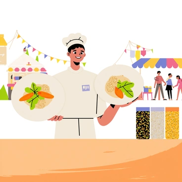 A chef standing behind a wooden table at a food festival, presenting a unique dish on a large, round plate. The dish features vibrant colors, with a mix of green leafy vegetables, bright orange roasted carrots, and a small pile of quinoa. The chef is wearing a white apron and a chef's hat, and is smiling proudly as they hold the plate slightly forward. Colorful banners and food stalls are visible in the background, with people enjoying the festival atmosphere. In the corner of the table, there are jars filled with various sustainable ingredients like grains and herbs, showcasing the chef's commitment to sustainability.