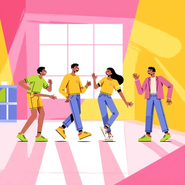 A group of four friends is dancing joyfully in a spacious room. The room is illuminated by vibrant, colorful lights that create an energetic atmosphere. Two friends are in the center, laughing and twirling, while the other two are striking playful poses on the side. The walls are adorned with bright, geometric patterns that reflect the light. The floor is shiny and reflects the colorful beams, adding to the lively scene. Everyone is wearing casual, colorful clothing that contributes to the fun ambiance.