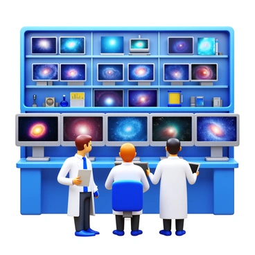 A laboratory filled with high-tech equipment and multiple computer screens displaying images of distant galaxies. Scientists, wearing white lab coats, are intently analyzing the images on the screens. Some screens show colorful representations of spiral galaxies, while others display clusters of stars and nebulae. The scientists are using tablets and notebooks to take notes and discuss their findings, with a backdrop of shelves containing scientific books and equipment. 