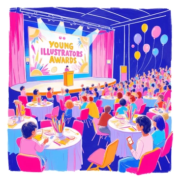 A vibrant award show is taking place in a large auditorium filled with colorful decorations. The stage is adorned with bright banners displaying "Young Illustrators Awards" in bold letters. Young illustrators of various ethnicities are seated excitedly at round tables, each decorated with whimsical centerpieces featuring art supplies like colored pencils and paintbrushes. Families are gathered around them, some taking pictures with their smartphones, while others cheer enthusiastically. Spotlights illuminate the stage where a host is announcing winners, creating an atmosphere of joy and celebration. Balloons in various shapes and colors float above the audience, contributing to the festive ambiance.