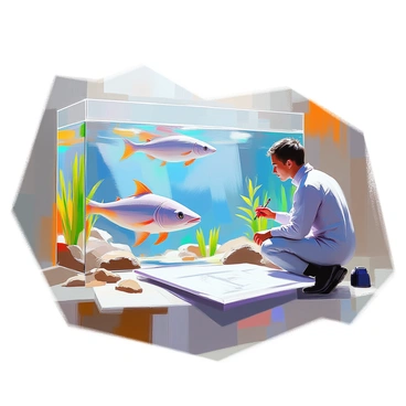 A marine biologist with light skin and dark hair, wearing a wet suit, is carefully sketching a live coelacanth on a large sheet of paper. The biologist is kneeling beside a shallow aquarium tank filled with clear blue water. The coelacanth, a prehistoric fish with lobed pectoral fins and a distinct body shape, is swimming gracefully within the tank. Various underwater plants and rocks are visible in the background, creating a natural habitat setting. The biologist holds a pencil in one hand while observing the fish intently, capturing its details on the paper.
