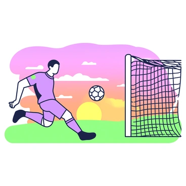 A silhouette of a soccer player in motion is depicted, with one leg raised as he strikes a ball towards the goal. The player resembles Icardi, characterized by his athletic stance. In the background, a vast sky showcases a dramatic sunset with shades transitioning beautifully. The soccer goal is visible to the right side of the image, with the net slightly swaying in anticipation of the ball. The entire scene captures the intensity of the moment, highlighting the connection between the player and the goal against the vibrant backdrop.