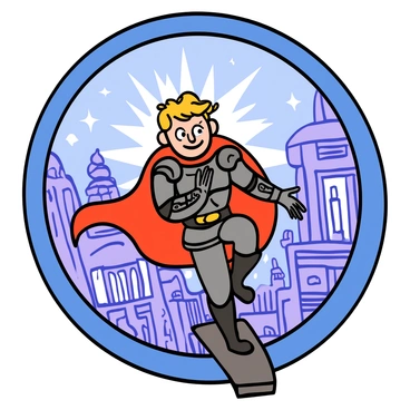 A hero with light skin and short, tousled hair is stepping through a shimmering portal. The portal is circular, glowing with bright blue and purple hues, creating an ethereal light around the hero. The hero is wearing a metallic armor with intricate designs and a flowing cape behind them. They have a determined expression on their face, looking forward with excitement. The background shows hints of different time periods, with faded images of ancient ruins, futuristic landscapes, and historical buildings partially visible through the portal.