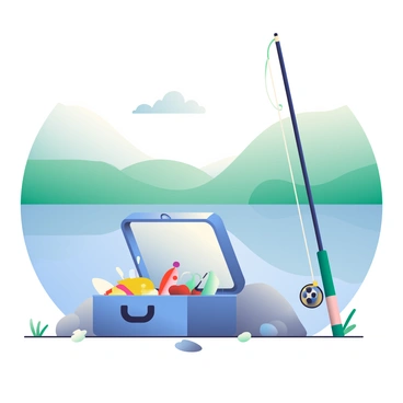 An assortment of fishing gear is arranged neatly on the ground beside a calm lake. A sturdy blue tackle box sits open, revealing a variety of colorful lures inside, including bright red and yellow ones. Next to the tackle box, a long fishing rod with a green handle is propped up against a smooth rock. The lake reflects the clear blue sky and surrounding greenery, creating a peaceful atmosphere. Several small pebbles and patches of grass are scattered around, adding texture to the scene.