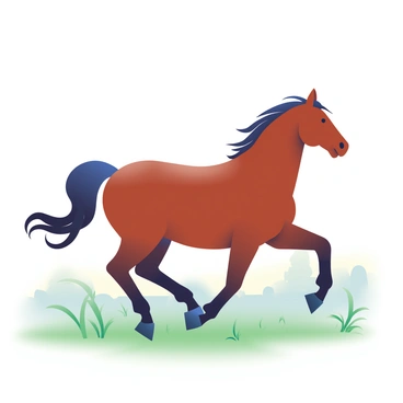 A majestic horse with a glossy chestnut coat is galloping through a lush green meadow. The early morning mist hangs low in the air, creating a soft atmosphere around the scene. Dewdrops glisten on the blades of grass, reflecting the subtle light of dawn. The horse's mane flows freely in the wind, and its powerful legs kick up small tufts of grass as it moves. In the background, silhouettes of distant trees can be seen emerging from the mist, adding depth to the tranquil landscape.