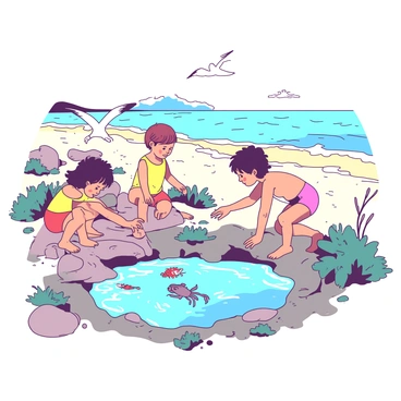A group of children is playing and exploring rock pools along the estuary's shore. The children are wearing colorful swimsuits, splashing water as they search for small crabs and shellfish. One child is crouched down, peering closely into a rock pool filled with clear water, while another child is excitedly pointing at a small fish swimming among the seaweed. In the background, the estuary stretches out with gentle waves lapping at the sandy shore, and a few seagulls can be seen flying overhead. Bright sunlight casts playful reflections on the water, enhancing the lively atmosphere of the scene.