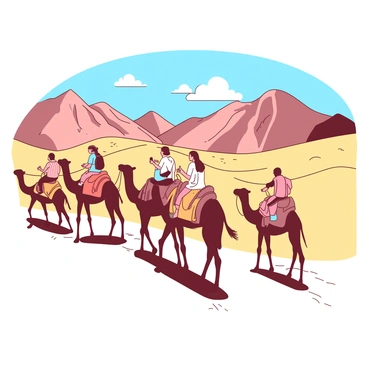 A group of tourists is riding camels along the undulating sand dunes of Hunder in Nubra Valley. Each camel is adorned with colorful saddles, while the tourists are dressed in light, comfortable clothing suitable for a warm day. The sky is clear with a few clouds, and the sunlight casts distinct shadows on the golden sand. In the background, rugged mountains rise majestically, contrasting with the smooth curves of the dunes. Some tourists are taking photos, capturing the breathtaking scenery of the landscape around them.