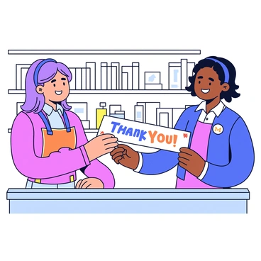 A smiling store associate is handing a "thank you" coupon to a customer. The coupon features bold, colorful text that reads "Thank You!" with decorative elements around it. The store associate is wearing a uniform, which includes a name tag, and is standing behind a checkout counter. The customer is holding the coupon with one hand and has a cheerful expression. The background includes shelves stocked with various products, creating a lively store environment.