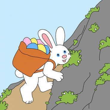 An Osterhase climbing a mountain, with Easter eggs tucked into his backpack