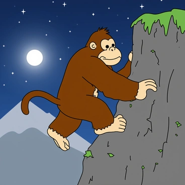 A large ape with brown fur, resembling Donkey Kong, is climbing a steep mountain cliff. He is using both hands and feet to grip the rocky surface, showcasing his muscular build. The cliff is jagged and rough, with patches of greenery peeking through the cracks. Above him, a starry sky is filled with twinkling stars and a bright, shining moon in the background. The mountain range stretches into the distance, silhouetted against the night sky. The scene captures the determination of the ape as he ascends the challenging terrain.