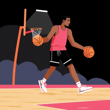 Michael Jordan is dribbling a basketball on a dimly lit basketball court. An orange basketball hoop is positioned at one end of the court, with a net hanging down. The court has a wooden floor with polished planks reflecting faint light. Shadows cast by the surrounding walls create a moody atmosphere. Michael Jordan is wearing a red jersey and black shorts, with basketball sneakers laced tightly. He appears focused and determined, practicing his shooting and dribbling skills under a single overhead light that illuminates him and the basketball.