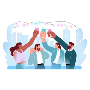 A group of friends is standing together on a city rooftop. They are raising glasses filled with colorful drinks in a toast. The skyline of the city is visible in the background, showcasing tall buildings with illuminated windows. Twinkling fairy lights are strung across the rooftop, adding a festive atmosphere. The friends are dressed in casual, stylish outfits, and they appear to be enjoying each other's company. The warm glow from the lights enhances the scene, creating a cheerful ambiance.