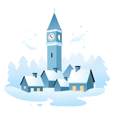 A tall clock tower stands prominently in the center of a snow-covered village. The tower features a classic design with a large clock face visible at the top. Surrounding the tower are houses with sloped roofs, all blanketed in glistening white snow. Each house has warm, glowing windows that contrast with the cold exterior. Snowflakes gently fall from the sky, adding to the serene winter atmosphere of the village. In the background, there are silhouettes of distant trees, also covered in snow.