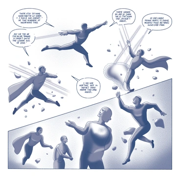 A comic book page featuring a group of superheroes in dynamic poses. One superhero is leaping through the air with a powerful punch aimed at an unseen foe. Another hero is using energy blasts from their hands, illuminating the scene with intense lines of energy. In the background, a villain is depicted fleeing, while debris is flying around, emphasizing the chaos of the battle. The page includes panels arranged to create a sense of movement and action, with speech bubbles showing the heroes shouting commands or encouragement to one another.