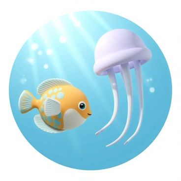 A puffer fish, with its round body covered in spines, swimming gracefully through clear blue water. The fish is inflated slightly, showcasing its vibrant yellow and blue pattern. Beside it, a jellyfish floats elegantly, with long, flowing tentacles trailing behind. The jellyfish has a translucent bell shape, glowing softly in shades of purple and pink. Sunlight filters down, casting a shimmering effect on both creatures as they move together in the underwater scene.