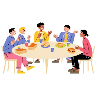 A group of five friends sitting around a round table, enjoying a meal from Jollibee. The table is filled with boxes of fried chicken, spaghetti, and burgers, accompanied by cups of gravy and soft drinks. Each friend is animatedly sharing stories, with smiles and laughter visible on their faces. The setting is casual, with colorful plates and napkins adding vibrancy to the scene. One friend is gesturing excitedly while another leans in to listen, creating a warm and friendly atmosphere.
