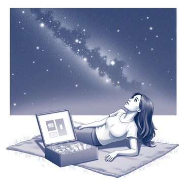 Nami lying on a blanket, stargazing with her illustrated box beside her, under a starry sky.