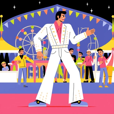 Elvis is performing on a brightly lit stage at a lively carnival. He is wearing a classic white jumpsuit adorned with sequins and a vibrant red scarf around his neck. The stage is decorated with colorful banners and lights that twinkle in the night. Surrounding the stage, there are various carnival rides such as a Ferris wheel and a carousel spinning in the background. Booths with games like ring toss and balloon darts are set up nearby, with excited carnival-goers playing and laughing. The atmosphere is filled with the joy and energy of the crowd, with some people dancing to Elvis's music.