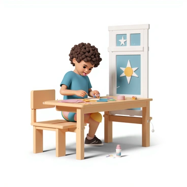 A young child, around six years old, with curly brown hair and wearing a bright blue t-shirt and colorful shorts. The child is seated at a small wooden table covered with various craft supplies, including colored paper, scissors, and glue. They are sticking their tongue out in concentration as they carefully cut shapes from the paper. Sunlight streams through a nearby window, casting soft shadows on the table, while a few finished crafts are scattered around, showcasing their creativity.