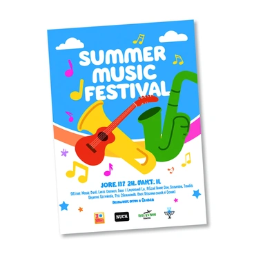 A vibrant flyer designed for a summer music festival. The background features a bright blue sky with fluffy white clouds. Prominently displayed are colorful musical notes, floating joyfully around the flyer. Various musical instruments are illustrated, including a yellow trumpet, a red guitar, and a green saxophone, arranged artistically. Bold text at the top reads "Summer Music Festival" in playful lettering. The bottom of the flyer includes details about the event, surrounded by colorful starburst patterns.
