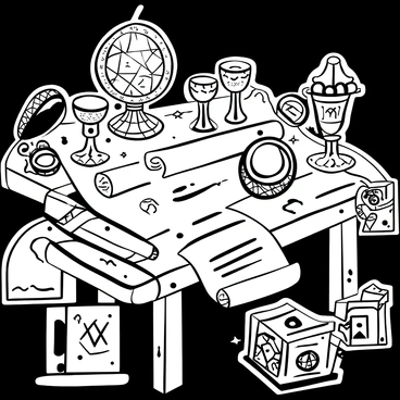 A wooden table is covered with a variety of glowing magical artifacts. There are intricate crystal orbs emitting light, a set of ornate silver chalices with delicate engravings, and an ancient-looking scroll partially unrolled. A small, round mirror reflects the glow of the artifacts, enhancing the illumination. Additional items include a gemstone-encrusted dagger and a mysterious, closed box with arcane symbols. The warm glow of the items contrasts with the dark wood of the table, creating a striking visual effect.