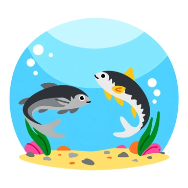 Two catfish with sleek, elongated bodies and whiskers are facing each other in a playful underwater dance. The first catfish has a vibrant pattern of dark and light scales, while the second catfish showcases a slightly lighter hue with golden accents. Bubbles are rising around them, creating a lively atmosphere. Colorful aquatic plants sway gently in the current, adding a touch of green to the scene. The background features a variety of small pebbles and grains of sand scattered along the ocean floor. Sunlight filters in from above, illuminating the scene with a soft glow.