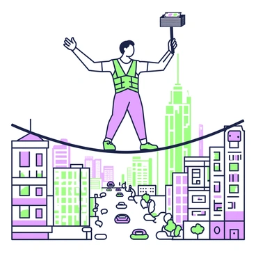 A tightrope walker is balancing skillfully on a narrow rope stretched high above a bustling cityscape. The walker is wearing a form-fitting outfit, complete with a safety harness, and has arms extended for balance. Several stacks of cash are carefully balanced on a pole held in one hand, while the other hand is free for support. Below, the city is filled with tall buildings, some with glass facades reflecting the sunlight, and streets busy with tiny cars and pedestrians. The scene captures the height and tension of the performance against the urban backdrop.