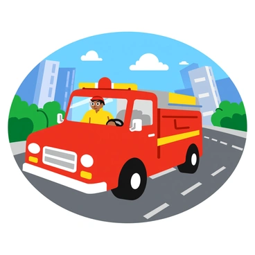 A firetruck driver wearing a shiny red helmet and a bright yellow uniform sits behind the wheel of a vibrant red firetruck. The truck is speeding down a city street with a sense of urgency, its lights flashing and sirens blaring. The background shows tall buildings and clear blue sky, with a few trees lining the street. The driver's determined expression conveys focus and readiness as the firetruck approaches an intersection.