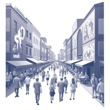 A city street filled with numerous people walking and interacting with each other. The buildings lining the street are covered with large murals and street art, showcasing intricate designs and bold patterns. Shops and cafes with outdoor seating areas can be seen, creating a lively atmosphere. The pavement is bustling with activity, as pedestrians navigate through the vibrant scene.
