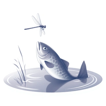 A fish is positioned near the water's surface, partially submerged. Its scales glisten as it gazes upwards, intently watching a dragonfly that hovers just above the water. The dragonfly has delicate wings, shimmering in the light, and its elongated body is prominently visible. The water ripples gently around the fish, creating a sense of movement. The surrounding environment includes hints of aquatic plants and reflections of the sky on the water's surface.