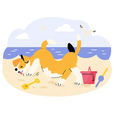 A beagle with a tan and white coat is joyfully digging in light golden sand on a sunny beach. The dog's ears flop as it burrows its nose into the ground, sending small particles of sand flying. Bright blue waves gently lap at the shoreline in the background, and a clear sky with a few fluffy white clouds stretches overhead. Nearby, colorful beach toys, such as a red bucket and a yellow shovel, sit in the sand, while seagulls can be seen soaring above.