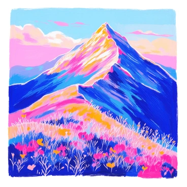 A mountain peak is visible at dawn, bathed in soft light. The sky is transitioning from dark blue to warm shades of orange and pink as the sun begins to rise. Clouds gently hug the slopes of the mountain, adding a layer of depth to the scene. The rocky surface of the mountain is detailed and rugged, contrasting with the smooth, wispy clouds. The foreground features patches of grass and small wildflowers, swaying lightly in the morning breeze. The overall atmosphere conveys a sense of tranquility and natural beauty.