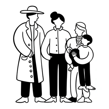 A black-and-white illustration of three generations of a family standing together. The eldest generation is dressed in vintage clothing, featuring a long coat and a hat, with intricate patterns on the fabric. The middle generation is wearing casual attire, including a button-up shirt and jeans, with distinct accessories like scarves. The youngest generation is dressed in playful, colorful outfits, with one child holding a toy. The background consists of a simple setting that highlights the family connection.