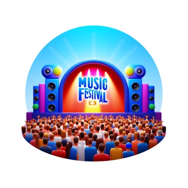 A vibrant music festival voucher featuring a large stage with colorful lights illuminating it. Surrounding the stage are multiple speakers emitting sound waves. In front of the stage, there is a diverse crowd of people dancing energetically, with various outfits and expressions of joy. The background includes a clear blue sky, enhancing the festive atmosphere. The text on the voucher includes "Music Festival 2023" in bold, eye-catching font.