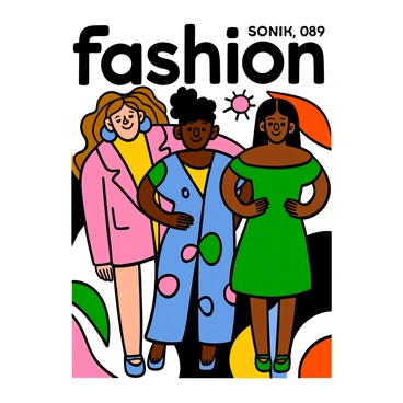 A stylish 1980s fashion magazine cover featuring three models. The first model has light skin and long wavy hair, wearing a bright pink oversized blazer over a yellow top, complemented by large statement earrings. The second model has dark skin and a short curly hairstyle, dressed in a vibrant blue jumpsuit with mixed patterns, showcasing a confident pose. The third model has medium skin and long straight hair, adorned in a neon green off-the-shoulder dress, standing with hands on hips. The background is filled with abstract geometric shapes in vivid colors, enhancing the bold fashion statement. The magazine title is prominently displayed at the top in a large, stylish font.