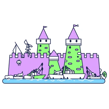 A fortified harbor with robust defenses is showcased. In the center, there are large stone walls encircling the harbor, designed to withstand attacks. Two tall watchtowers rise above the walls, constructed from layered stone, with small openings for archers to observe the surroundings. Each tower has a triangular roof made of wooden beams. Scattered around the harbor are several catapults, made from sturdy wood, positioned strategically to defend against incoming threats. The docks are filled with various ships, their sails folded and awaiting the next journey. The water of the harbor reflects the strong structure of the defenses, creating a scene of readiness and protection.